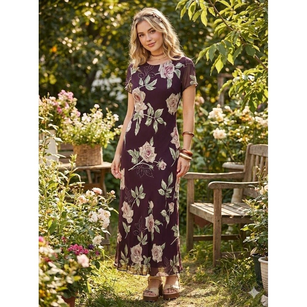 Vintage 90s Dark Romance Floral Gown Burgundy Rose Bias Cut Vampy Witchy Size 10